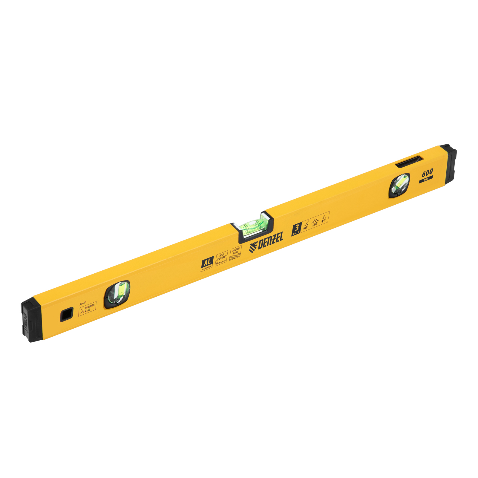 Уровень алюминиевый, магнит., фрезерованный, 3 глазка (1 зеркал.), 0,5 мм/м, 600 мм