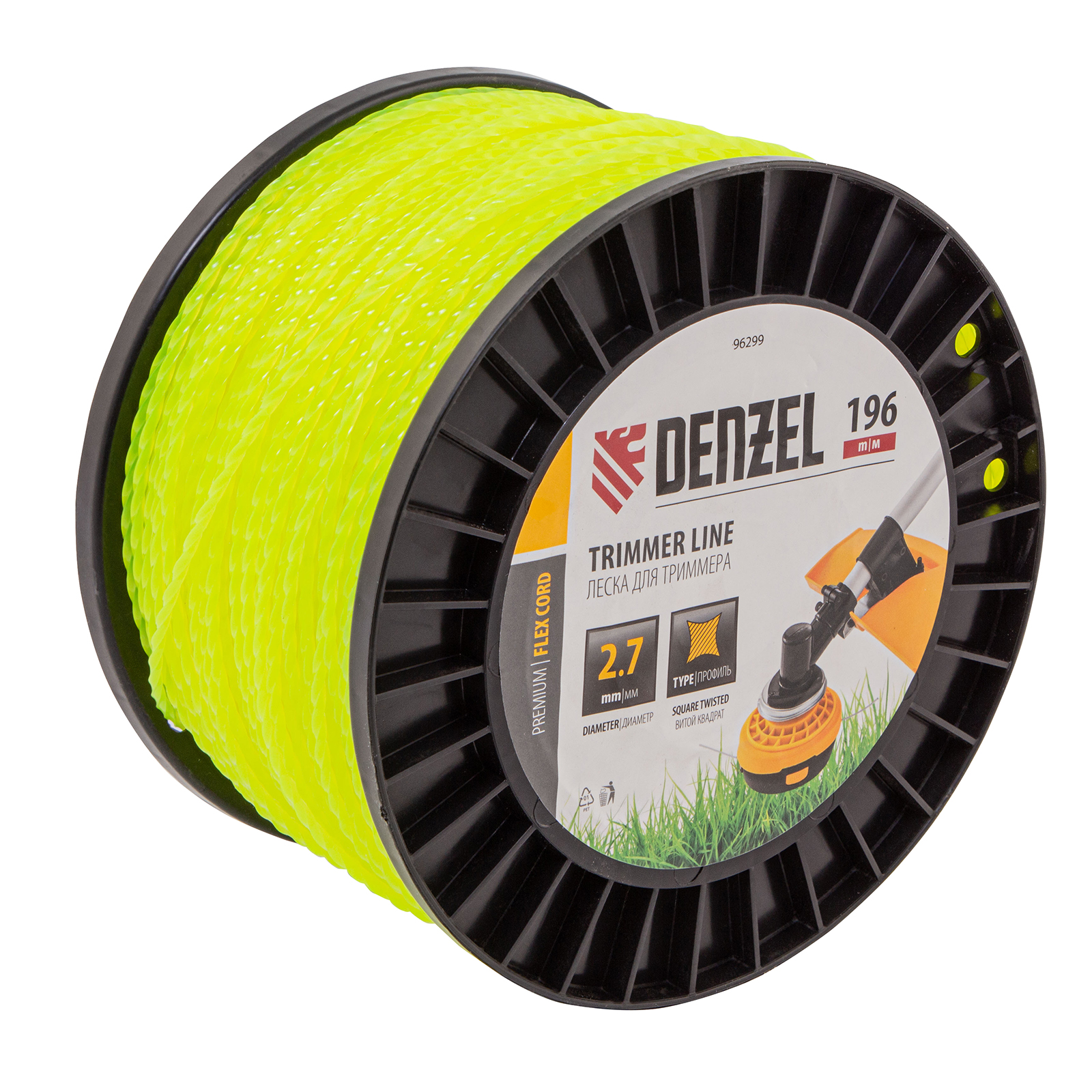 Леска для триммера витой квадрат, 2,7мм х 196м, на DIN катушке FLEX CORD