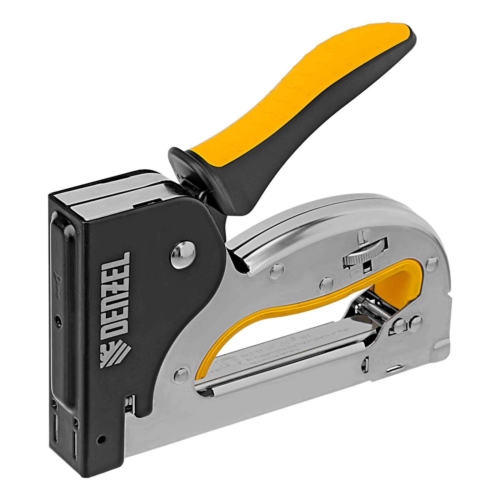 Степлер металл., скобы в комплекте, плавная регулировка удара, 2К рукоятка, тип 53, 4-14 мм