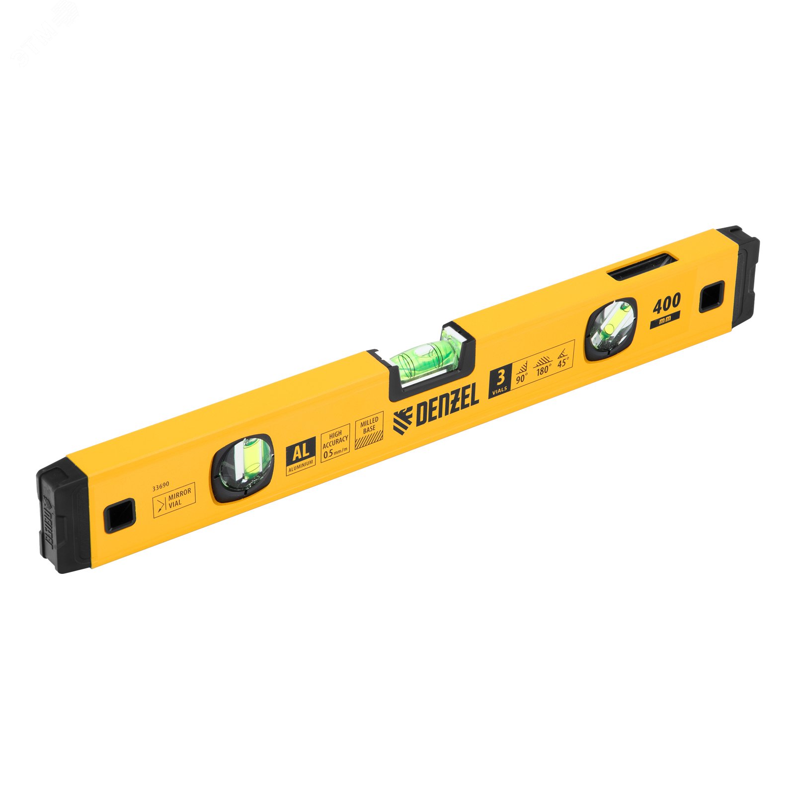 Изображение товара Уровень алюминиевый, магнит., фрезерованный, 3 глазка (1 зеркал.), 0,5 мм/м, 400 мм (шт)