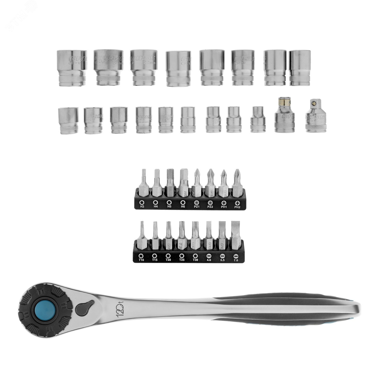 Изображение товара Набор торцевых головок, трещотка 120 зубьев, 1/2', CrV, 36 предметов (шт)