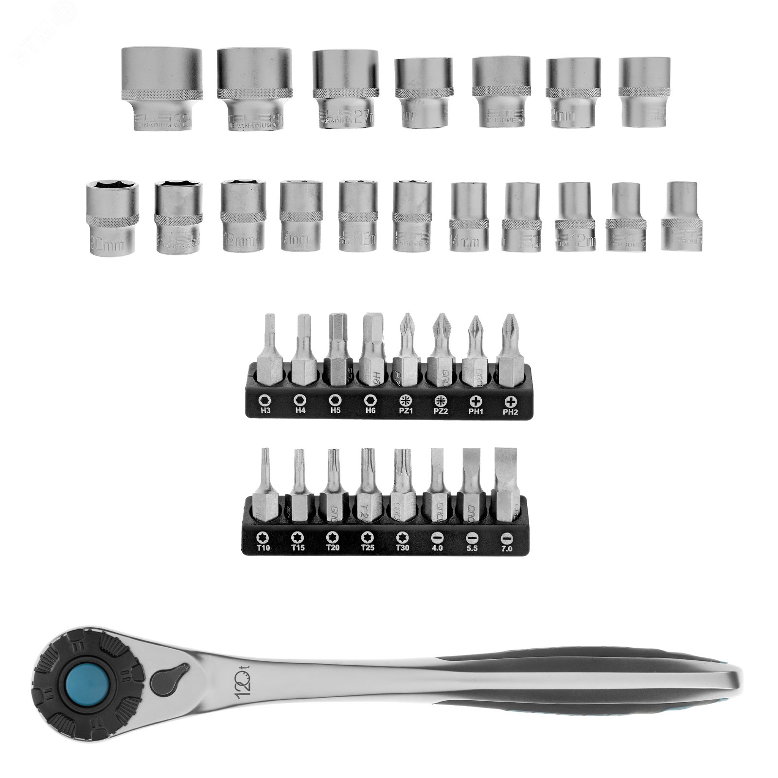 Изображение товара Набор торцевых головок, трещотка 120 зубьев, 1/2',3/8”, CrV, 36 предметов (шт)