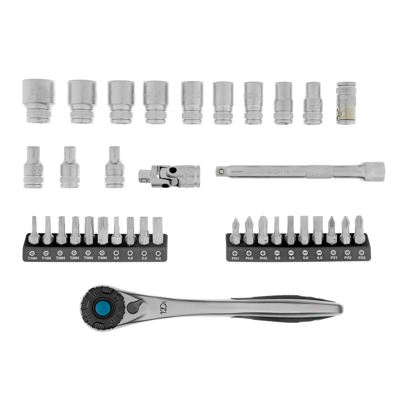 Набор торцевых головок, трещотка 120 зубьев, 1/4', CrV, 36 предметов