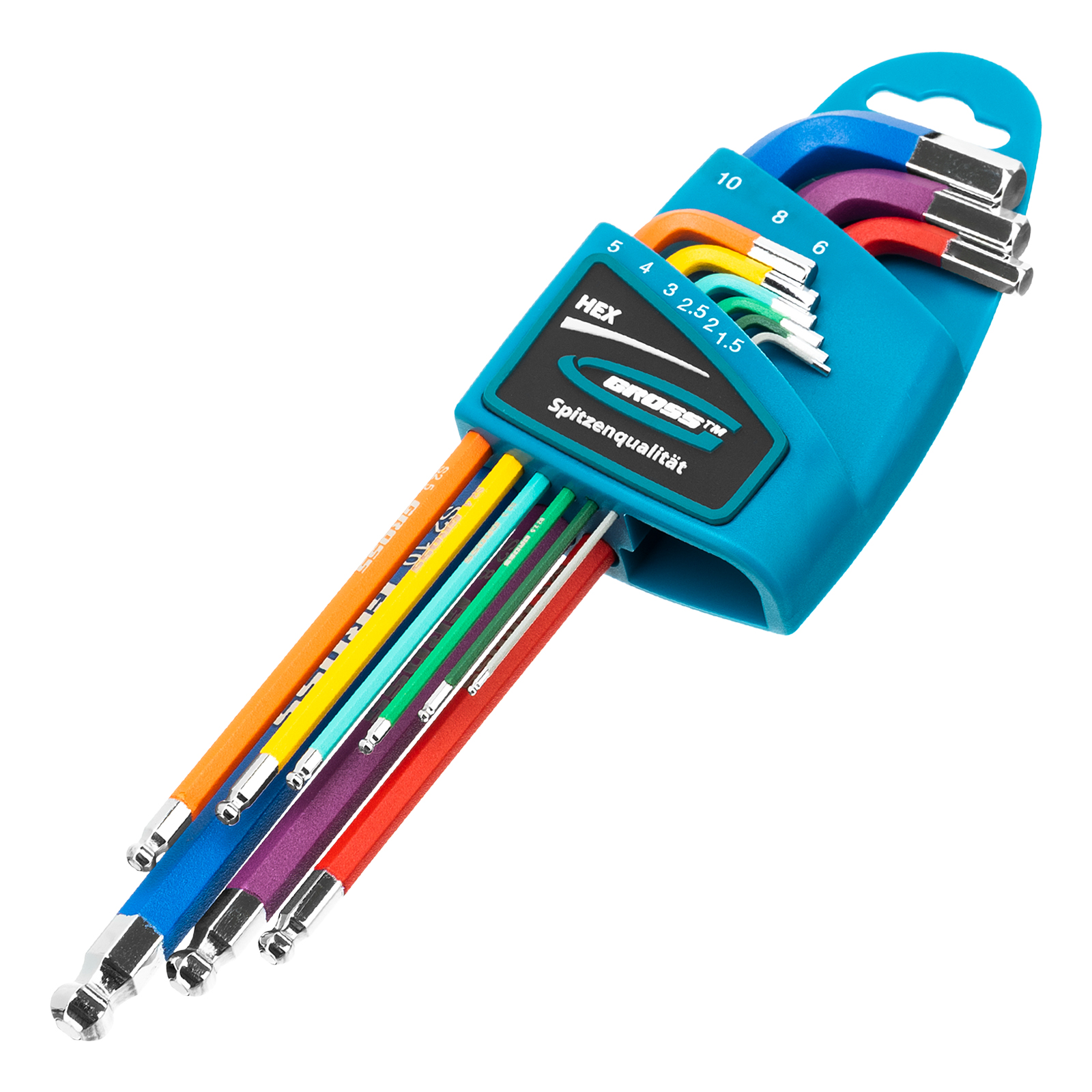 Набор ключей имбусовых HEX, 1,5–10 мм, S2, 9 шт., магнит, экстра-длин. с шаром,  хром/краска