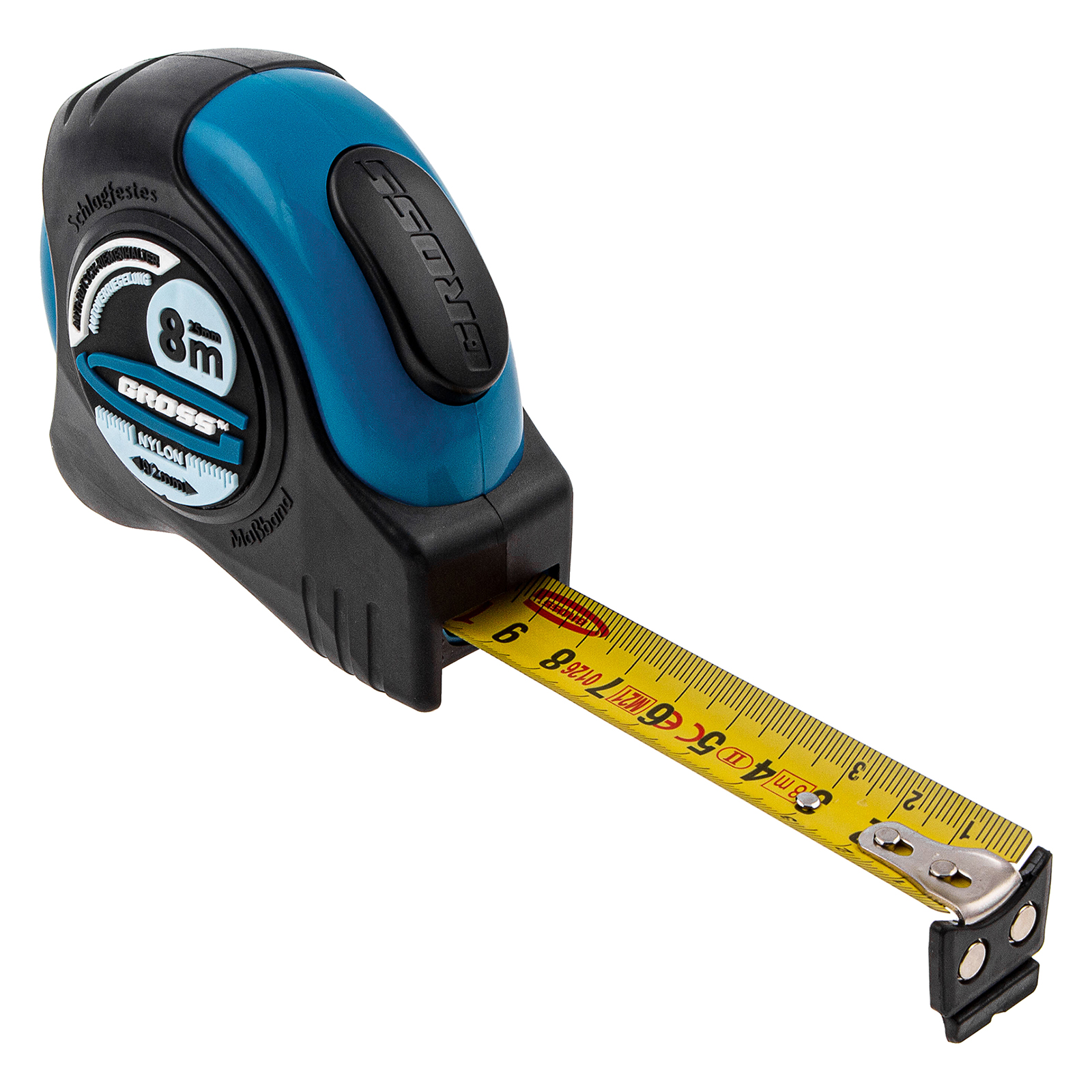 Рулетка 'Schlagfest', 8 м x 25 мм, магн. обрез зацеп, двухст. шкала, нейлон покр. автоматич
