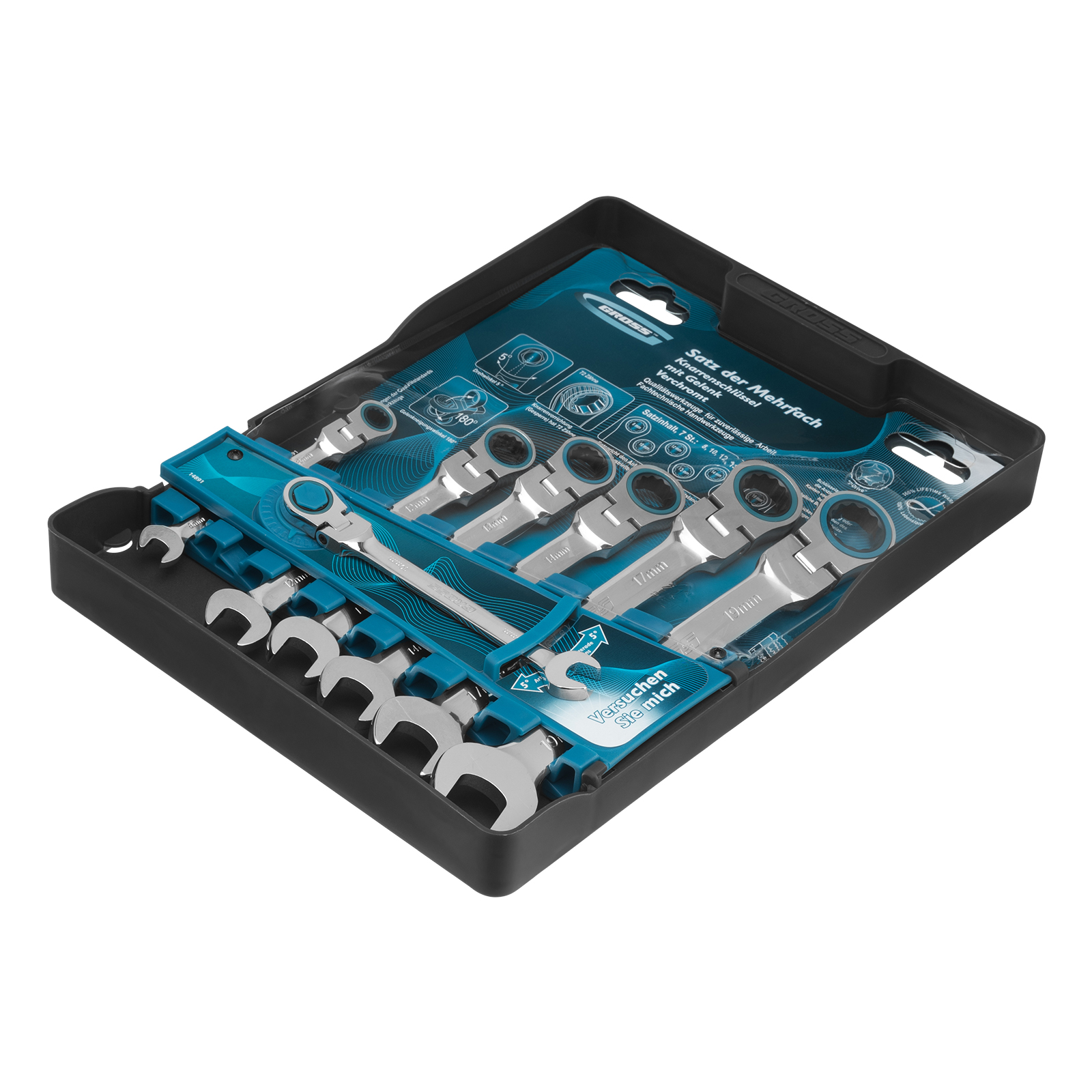 Набор ключей комбинированных с трещоткой, 8 - 19 мм, 7шт., шарнирные, CrV