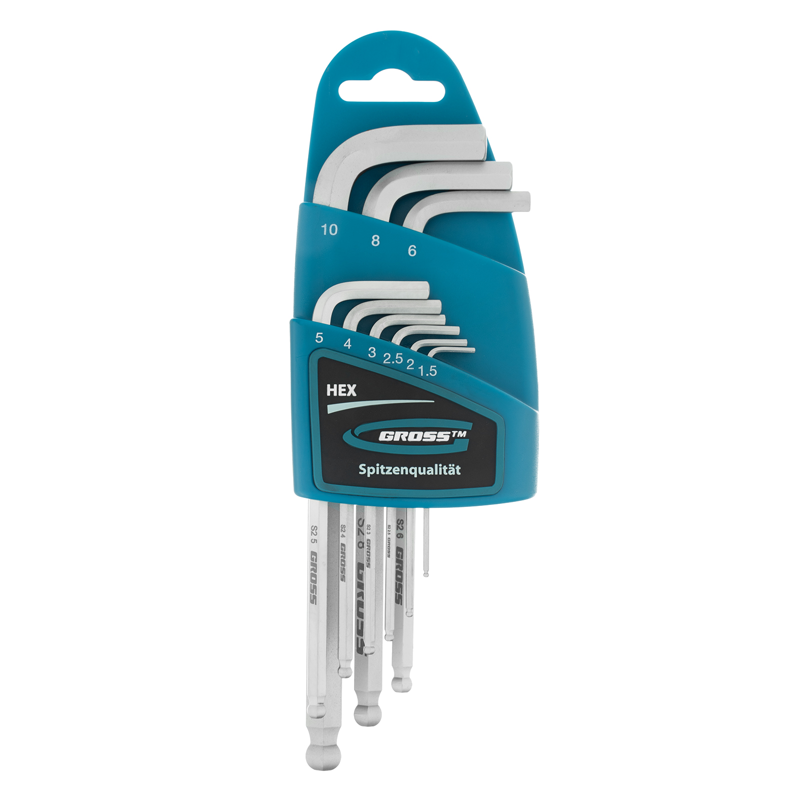 Набор ключей имбусовых HEX, 1,5–10 мм, S2, 9 шт., удлиненные  с  шаром, сатинированные