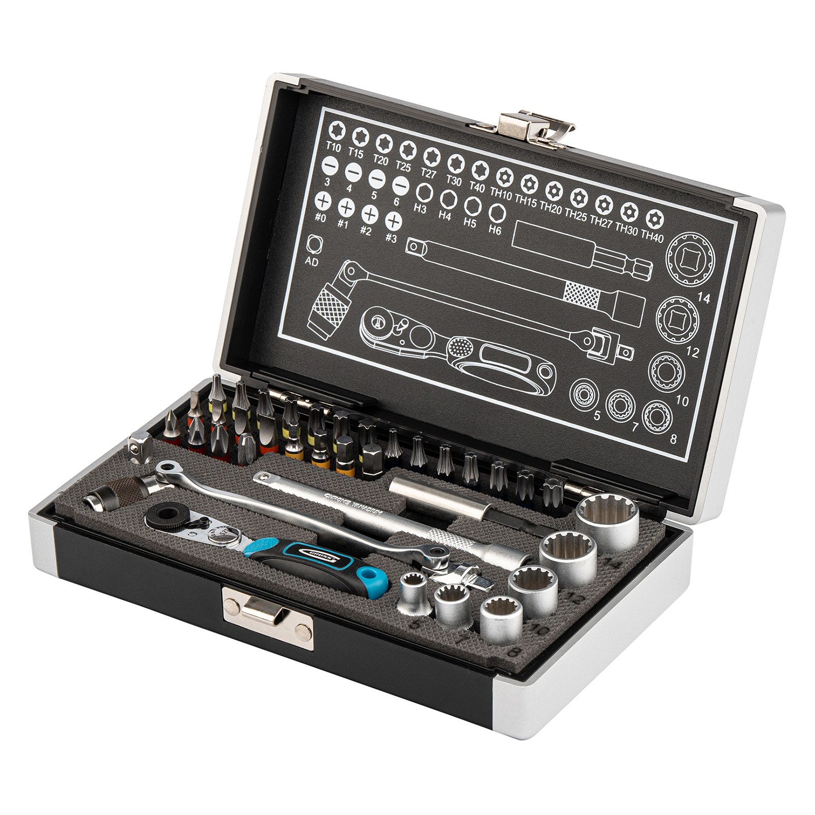 Набор бит и головок торцевых, 1/4', карданный ключ, трещотка, адаптер, S2, 37 шт.