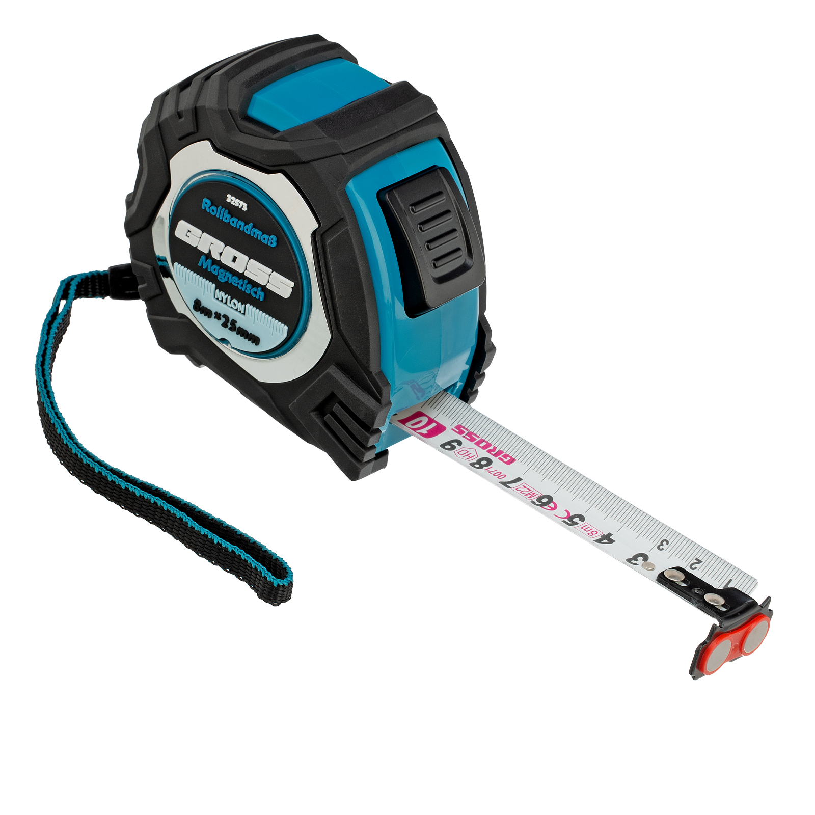 Рулетка Magnetisch, 8м х 25мм, обрезин. корпус,автоматич. фиксация, нейлон. покр.,магн.зацеп