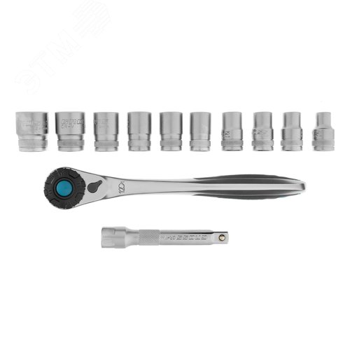Набор торцевых головок, трещотка 120 зубьев, 1/2', CrV, 12 предметов - фото 1