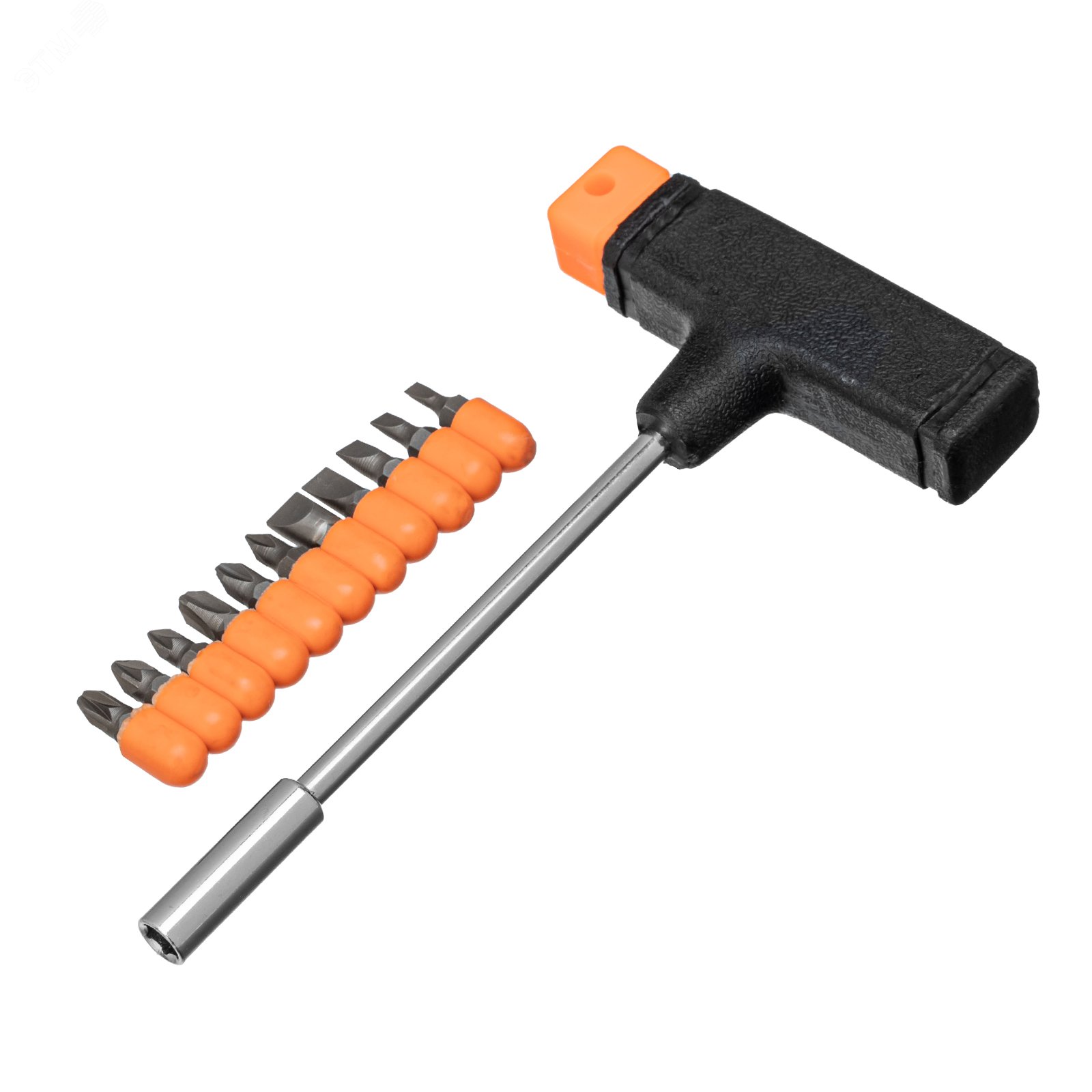 Изображение товара Отвертка с Т-образной ручкой + биты, 11 пред., PH + SL + PZ, HCS, пластиковая рукоятка (шт)