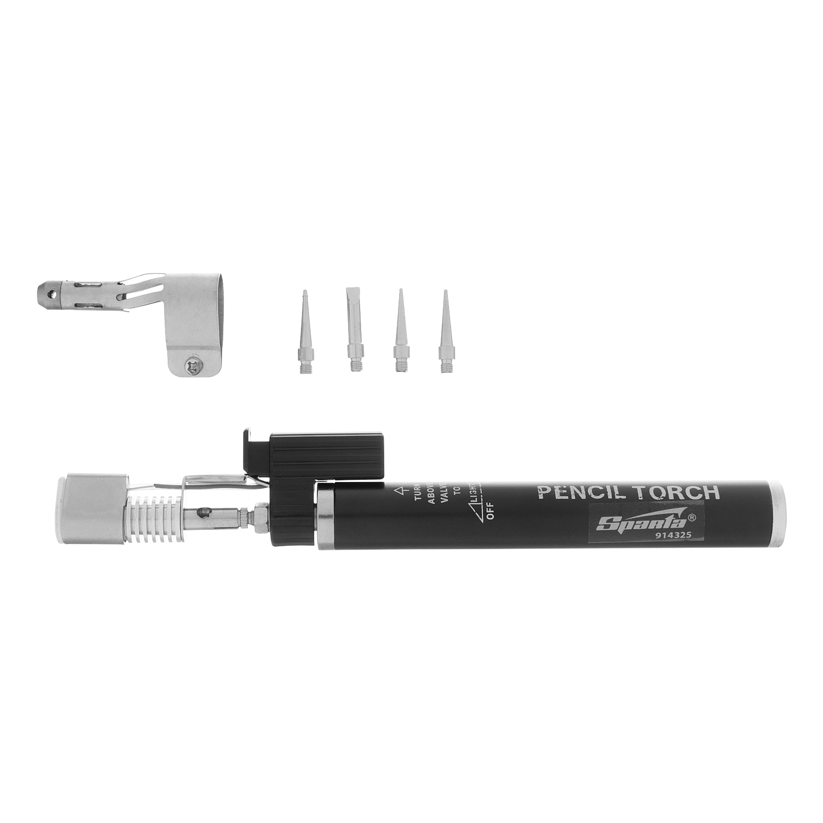 Горелка газовая, тип 'Карандаш' c пьезоподжигом, 4 насадки для пайки, 200 мм