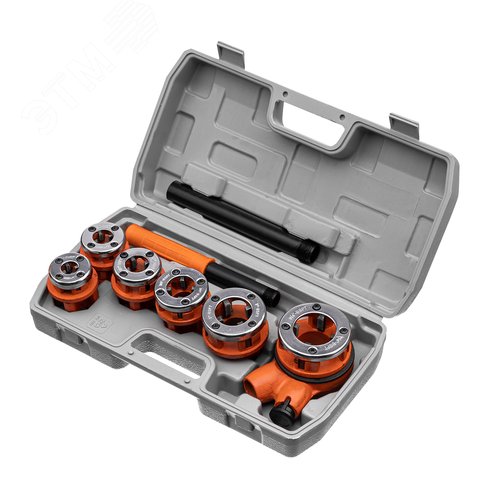 Изображение товара "Набор клуппов 1/4""-3/8""-1/2""-3/4""-1""-1 1/4"", плашкодержатель с трещоткой, 9 предм." (шт)