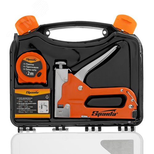 Изображение товара Набор: степлер мебельный регулируемый, скобы 500 шт, рулетка 2м., тип скобы 53, 4-14 мм (шт)