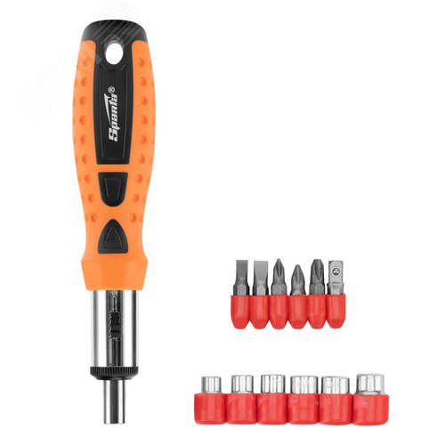 Изображение товара Отвертка-реверс + биты + головки торцевые, 14 пред., PH + SL, CS, 2к рукоятка (шт)