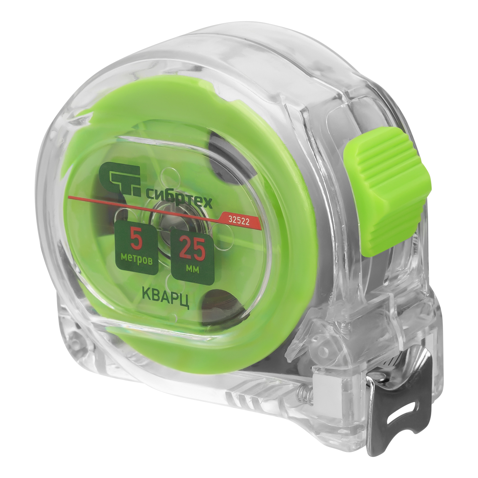 Рулетка Кварц, прозрачный корпус, амортизатор, 5 м х 25 мм