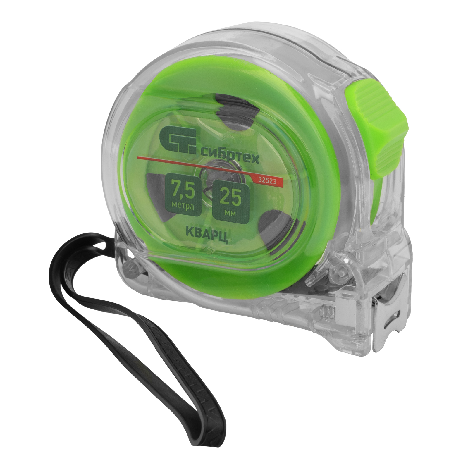 Рулетка Кварц, прозрачный корпус, амортизатор, 7,5 м х 25 мм