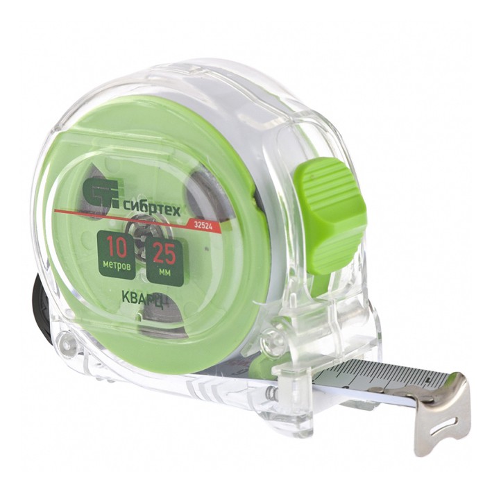 Рулетка Кварц, прозрачный корпус, амортизатор, 10 м х 25 мм