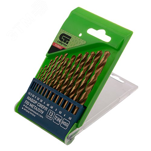 Набор нитридтитан. сверл по металлу, 1,5-6,5мм (через 0,5мм, 3,2мм, 4,8мм), НSS,13 шт. - фото 1