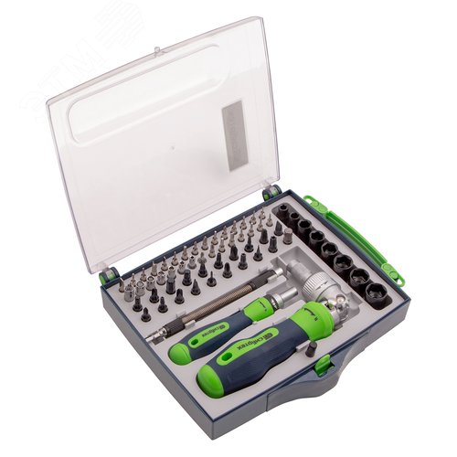 Изображение товара Отвертки реверсивные с набором бит и торцевых головок, 61 предм., CrV (шт)