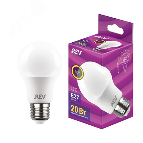 Лампа светодиодная, груша, A60, 20Вт, E27, 2700K, 1600Лм, 230В - фото 2