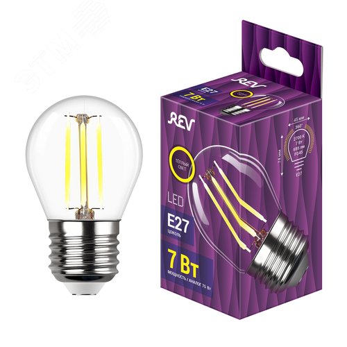 Лампа filament, шар, FG45, 7Вт, E27, 2700K, 695Лм, 230В - фото 2