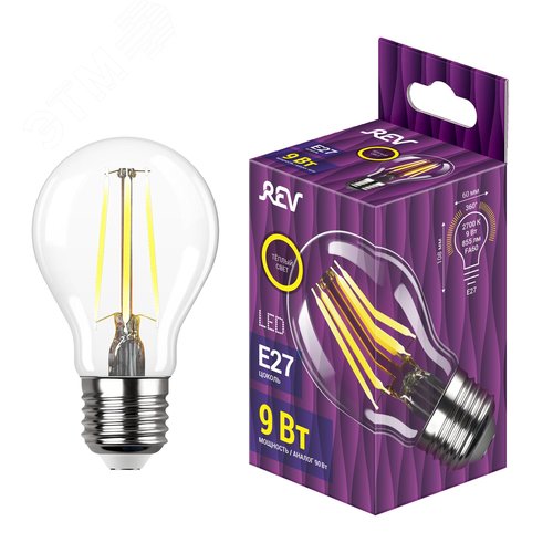 Лампа filament, груша, FA60, 9Вт, E27, 2700K, 855Лм, 230В - фото 2