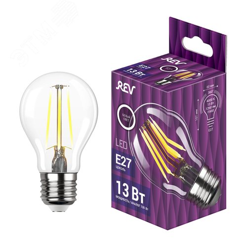 Лампа filament, груша, FA60, 13Вт, E27, 4000K, 1260Лм, 230В - фото 2