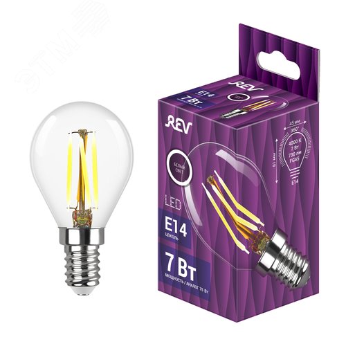 Лампа filament, шар, FG45, 7Вт, E14, 4000K, 730Лм, 230В - фото 2
