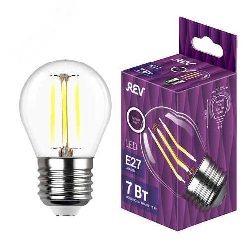 Лампа filament, шар, FG45, 7Вт, E27, 4000K, 730Лм, 230В - фото 2