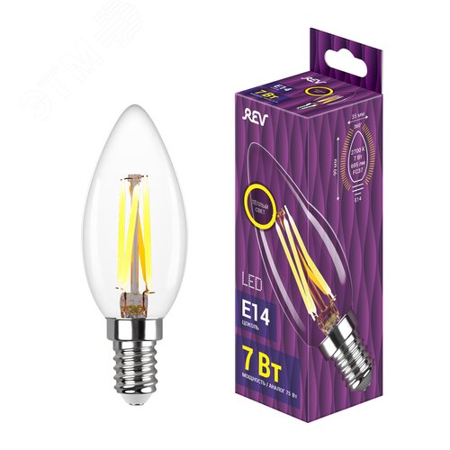 Лампа filament, свеча, FC37, 7Вт, E14, 2700K, 695Лм, 230В - фото 2