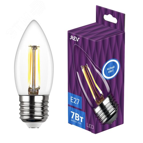 Лампа filament, свеча, FC37, 7Вт, E27, 4000K, 730Лм, 230В - фото 2