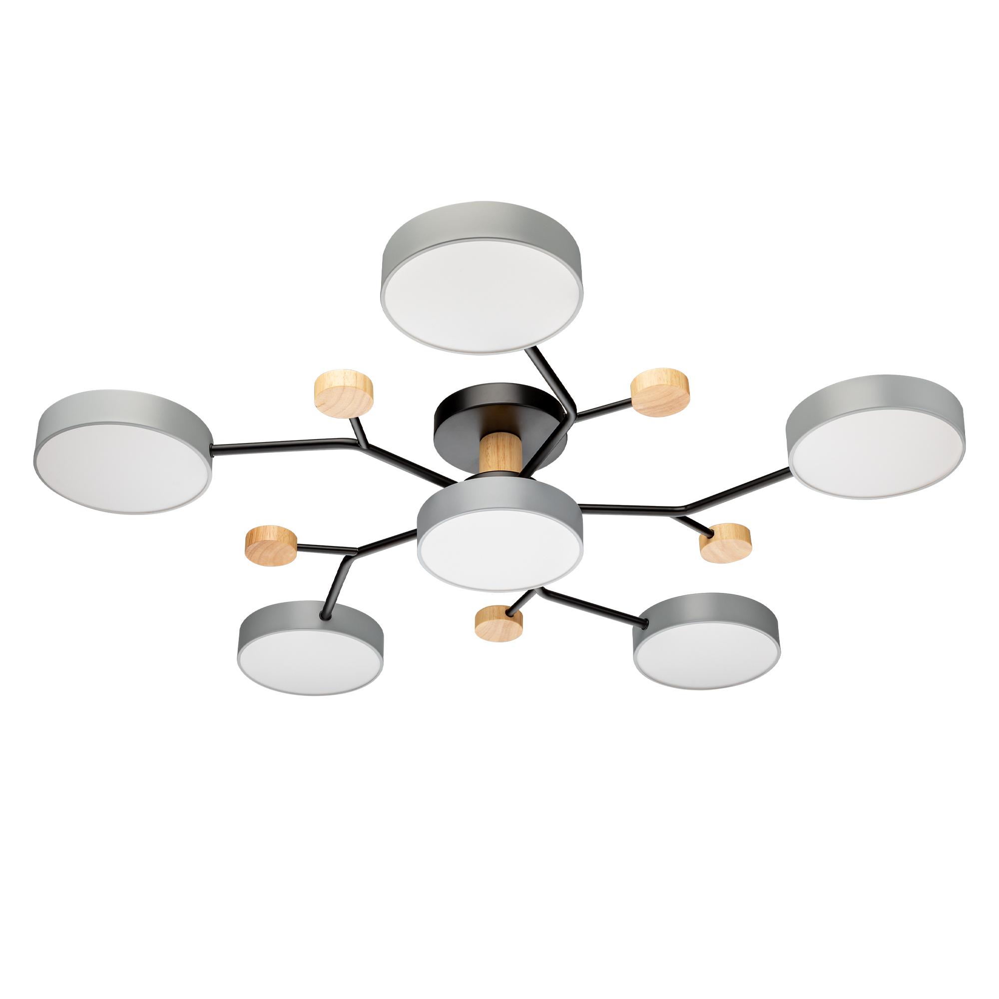 Люстра потолочная светодиодная диммируемая, SCANDIA, с ДУ, 3 режима, 970x970x60мм, 84Вт, 2700K/4200K/6400K, 29м, серый/черный/дерево