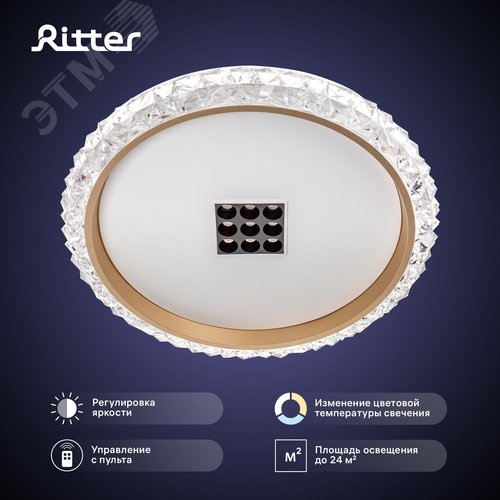 Люстра потолочная светодиодная диммируемая, GALASSIA, с ДУ, 3 режима, 500х500х80мм, 70Вт, 2700К/4200К/6400К, 24м, белый/золото - фото 2