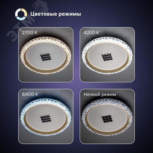 Люстра потолочная светодиодная диммируемая, GALASSIA, с ДУ, 3 режима, 500х500х80мм, 70Вт, 2700К/4200К/6400К, 24м, белый/золото - фото 3