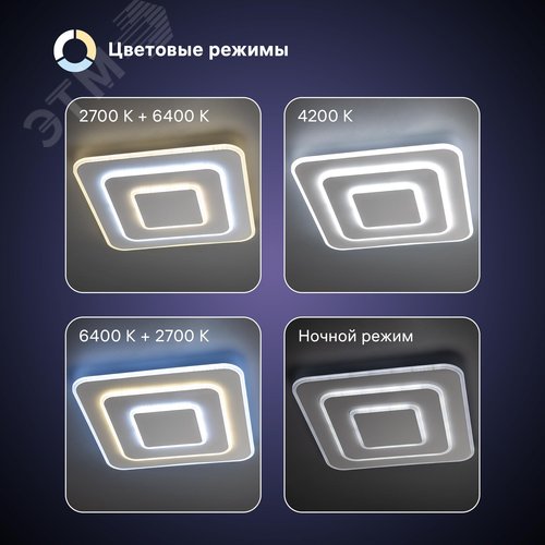 Люстра потолочная светодиодная диммируемая, GALASSIA, с ДУ, 3 режима, 470х470х55мм, 94Вт, 2700K+6400K/4200K/6400K+2700К, 43м, белый - фото 3