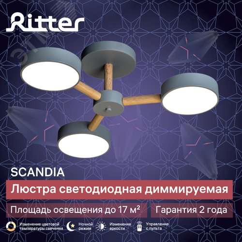 Люстра потолочная светодиодная диммируемая, SCANDIA, с ДУ, 3 режима, 520х520х170мм, 45Вт, 2700К/4200К/6400К, 17м, серый/дерево - фото 10