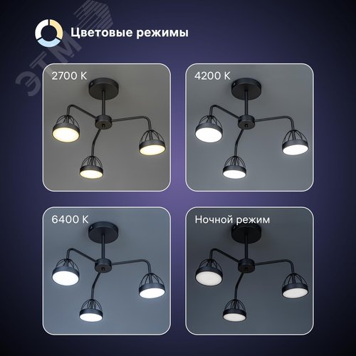 Люстра потолочная светодиодная диммируемая, MATTINO, с ДУ, 3 режима, 480х430х380мм, 48Вт, 2700К/4200К/6400К, 16м, черный - фото 3