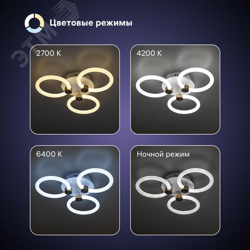 Люстра потолочная светодиодная диммируемая, OTTIMO, Алиса, с ДУ, 3 режима, 405x375x90мм, 2700K/4200K/6400K, 66Вт, 30м, белый/золото - фото 3