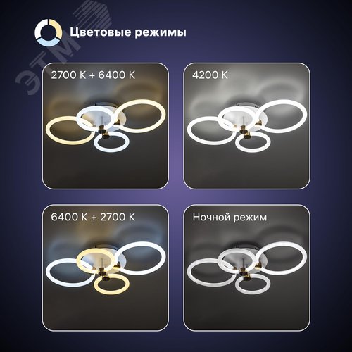 Люстра потолочная светодиодная диммируемая, OTTIMO, Алиса, с ДУ, 3 режима, 615х415х130мм, 100Вт, 2700K+6400K/4200K/6400K+2700K, 45м, белый/золото - фото 3