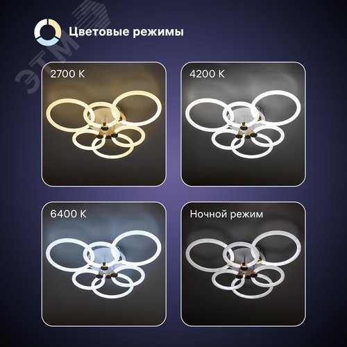 Люстра потолочная светодиодная диммируемая, OTTIMO, Алиса, с ДУ, 3 режима, 605x560x130мм, 144Вт, 2700K/4200K/6400K, 65м, белый/золото - фото 3