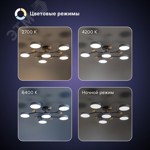 Люстра потолочная светодиодная диммируемая, SCANDIA, с ДУ, 3 режима, 970x970x60мм, 84Вт, 2700K/4200K/6400K, 29м, серый/черный/дерево - фото 3