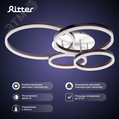 Люстра потолочная светодиодная диммируемая, ECLIPSE, с ДУ, 3 режима, 800х500х180мм, 124Вт, 2700К+6400К/4200К/6400К+2700К, 31м, белый/коричневый - фото 2