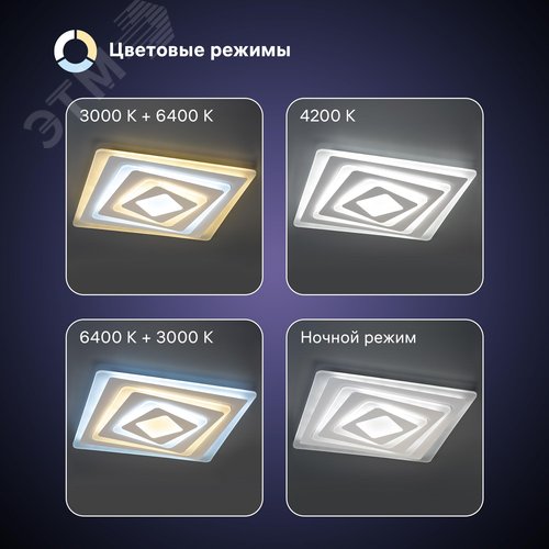 Люстра потолочная светодиодная диммируемая, TRAMPOLI, с ДУ, 3 режима, 490x490x60мм, 100Вт, 3000+6400K/4200K/6400+3000K, 36м, белый - фото 3