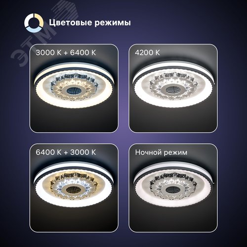Люстра потолочная светодиодная диммируемая, CRYSTAL 3D, с ДУ, 3 режима, 480х480х60мм, 120Вт, 3000+6400K/4200K/6400+3000K, 40м, белый - фото 3