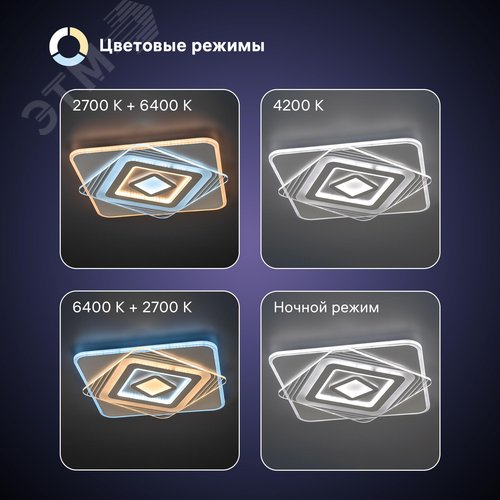 Люстра потолочная светодиодная диммируемая, BRIENNO, с ДУ, 3 режима, 520х520х50мм, 100Вт, 2700+6400K/4200K/6400+2700K, 35м, белый - фото 3