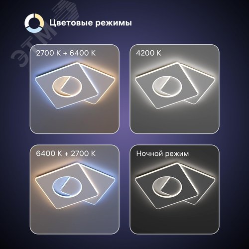 Люстра потолочная светодиодная диммируемая, BREZZO, с ДУ, 3 режима, 755x600x50мм, 100Вт, 2700+6400K/4200K/6400+2700K, 35м, белый - фото 3