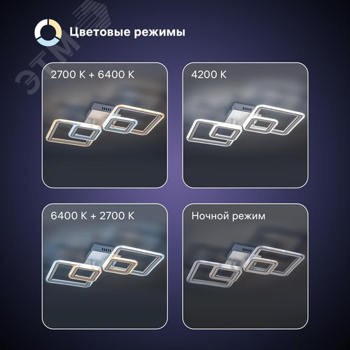 Люстра потолочная светодиодная диммируемая, SERENITA с ДУ, 3 режима, 650х320х85мм, 84 Вт, 2700+6400К/4200К/6400+2700К, 26м, белый/хром - фото 3