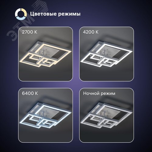 Люстра потолочная светодиодная диммируемая, SERENITA, с ДУ, 3 режима, 405х405х170мм, 108Вт, 2700К/4200К/6400К, 33м, белый - фото 3