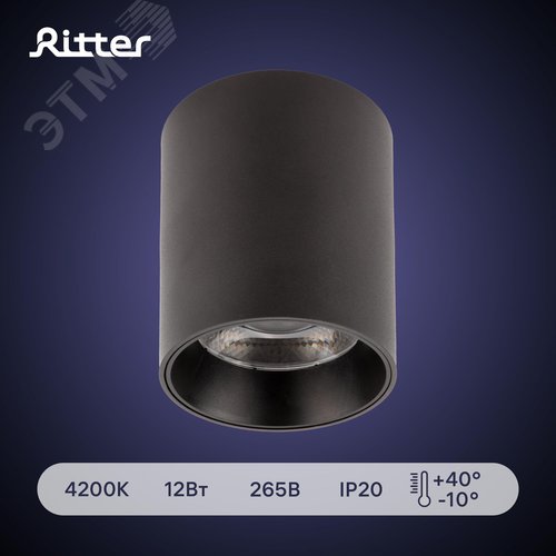 Светильник накладной светодиодный, ARTON, цилиндр, 80х80х100мм, 12Вт, 960Лм, 4200К, алюминий, черный - фото 2